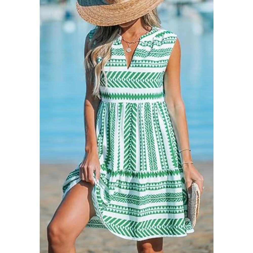 White with Green Geometric Stripe Sundress, Women's Size S